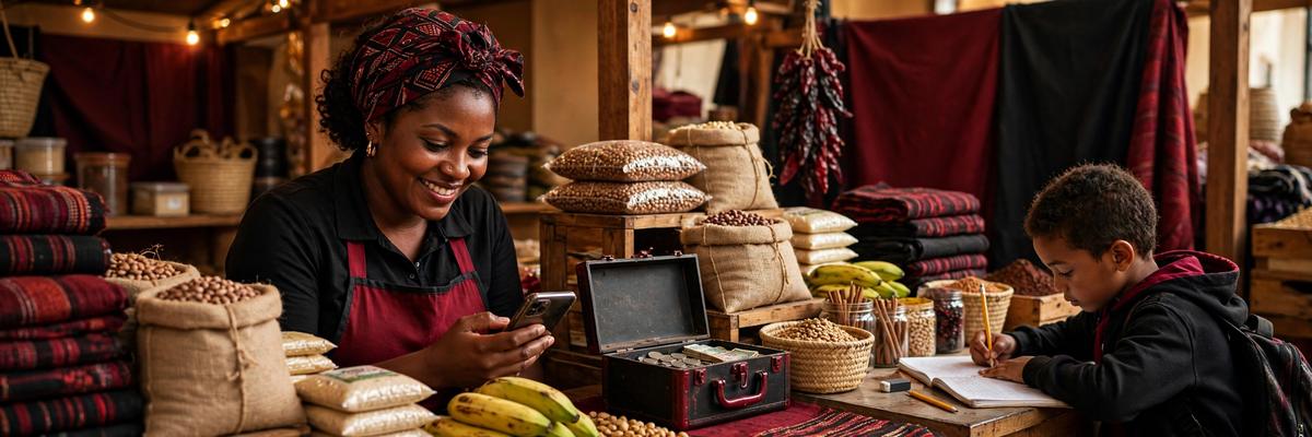 Une marchande NALA consulte son épargne sur son téléphone