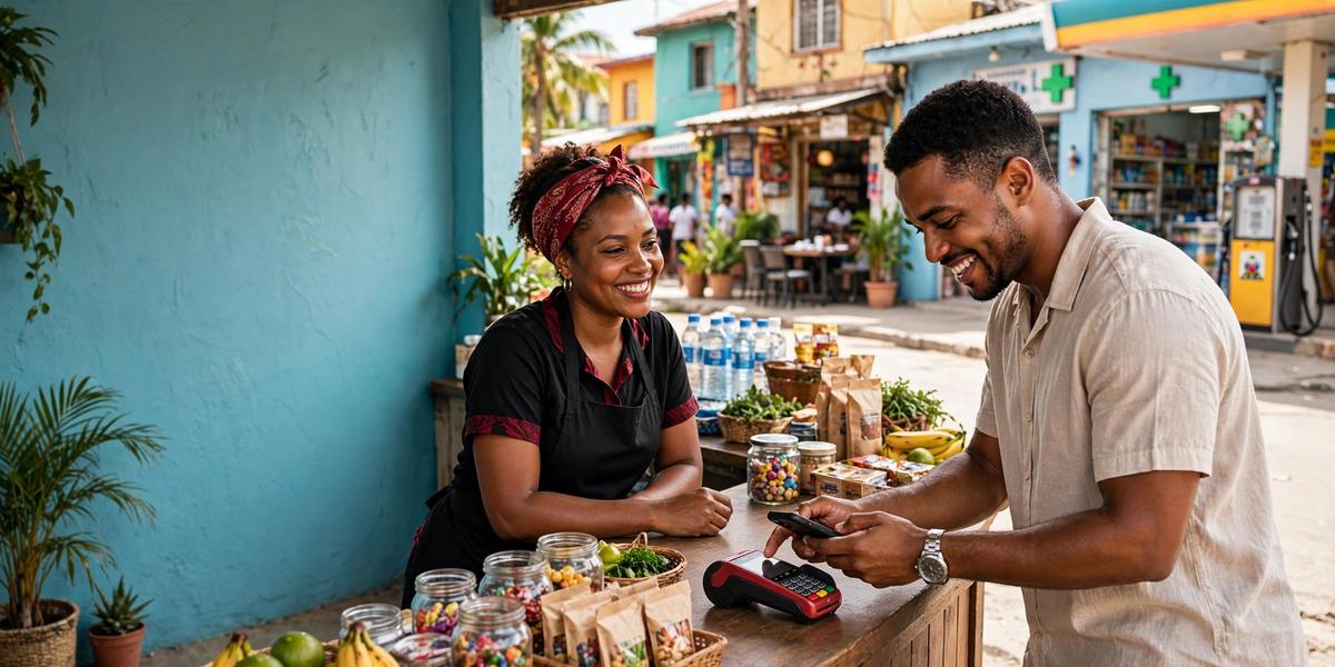 Un client paie avec son téléphone chez une marchande partenaire NALA